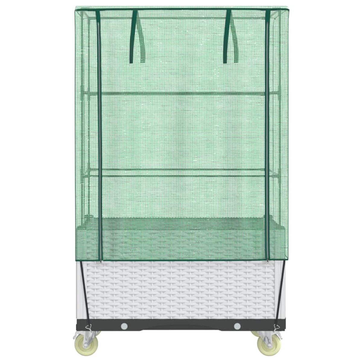 Serra a rete verde con ripiani, base bianca e ruote.