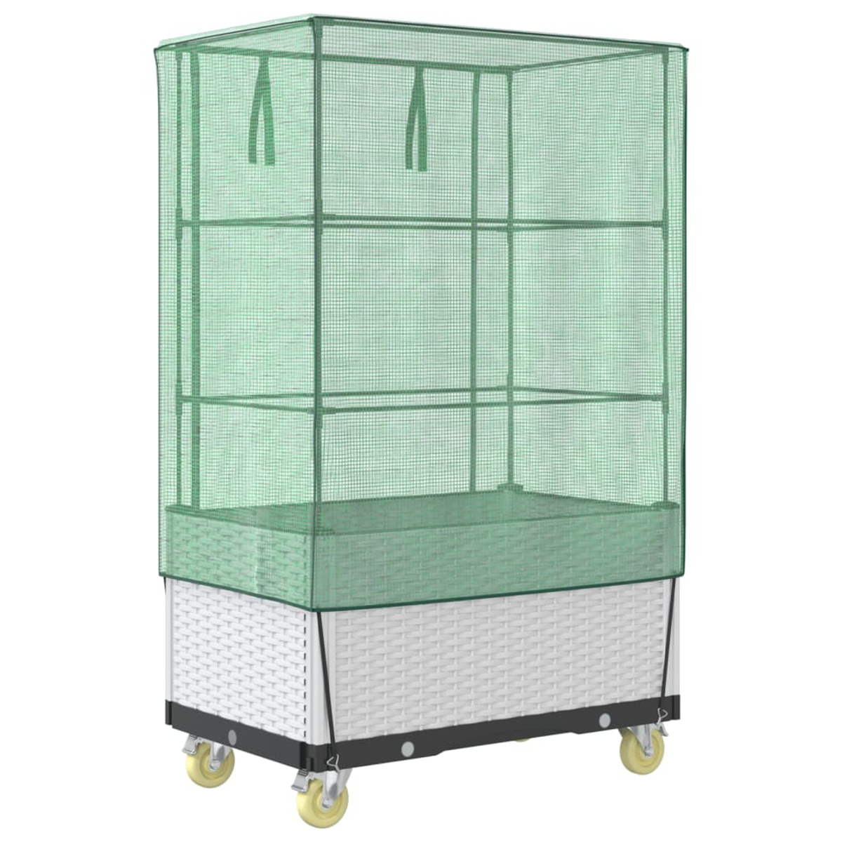 Una piccola serra su ruote, con una copertura in rete verde.