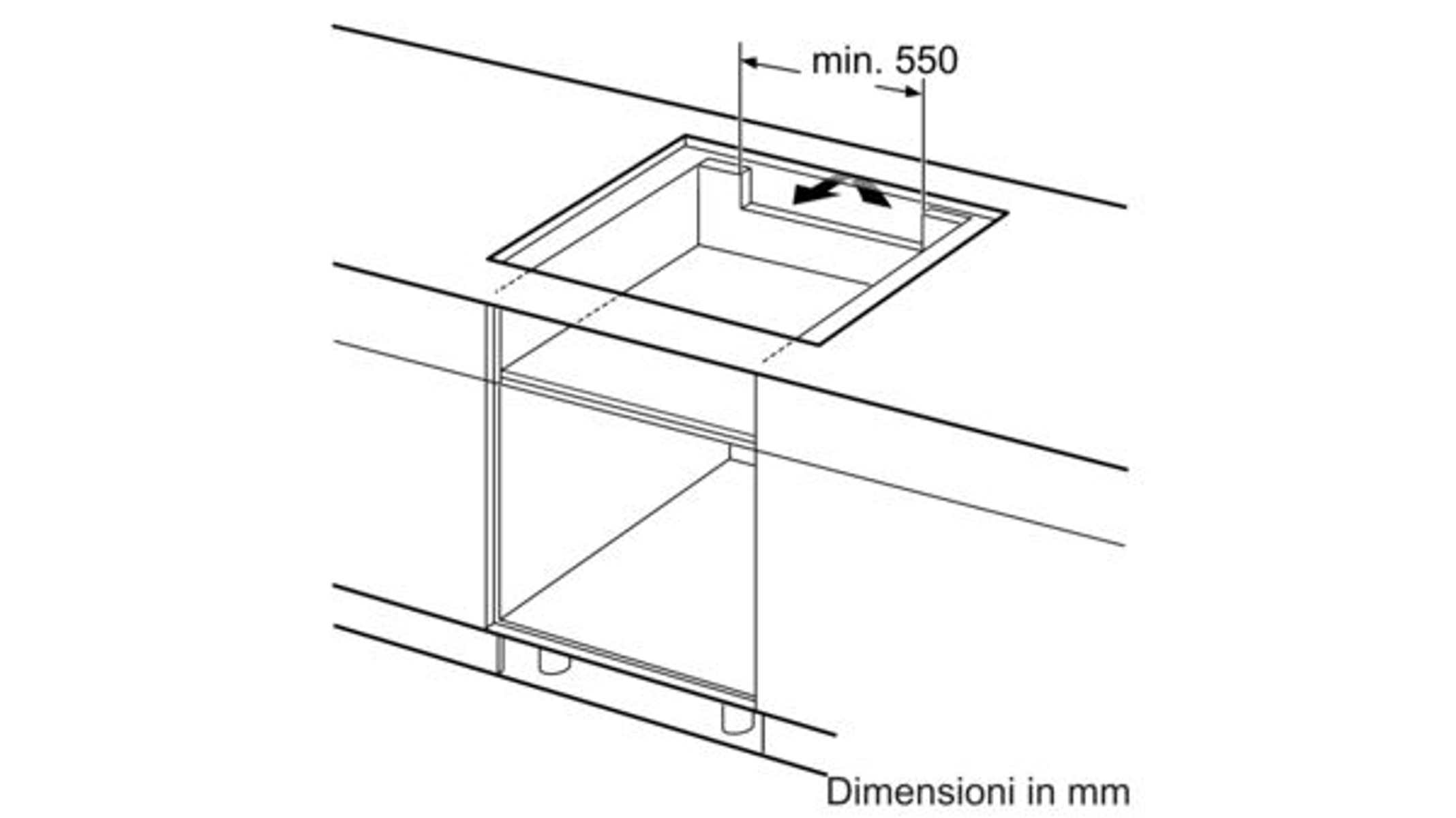 Un diagramma che mostra un mobile da cucina e le dimensioni richieste per un elettrodomestico.