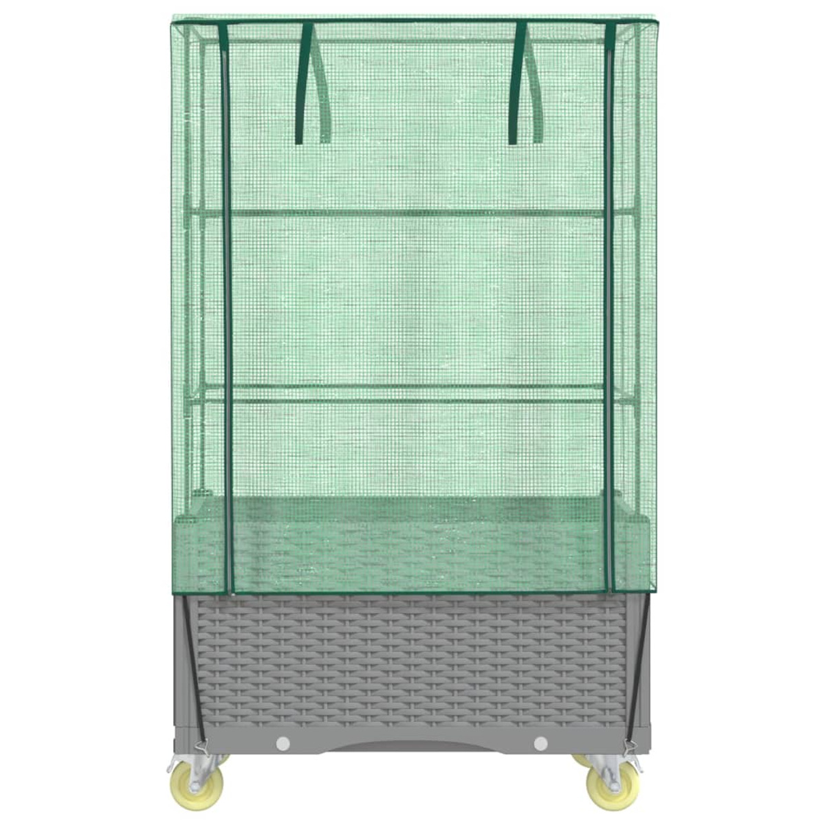 Serra verde con ripiani su base grigia con ruote. Coperta di plastica trasparente.