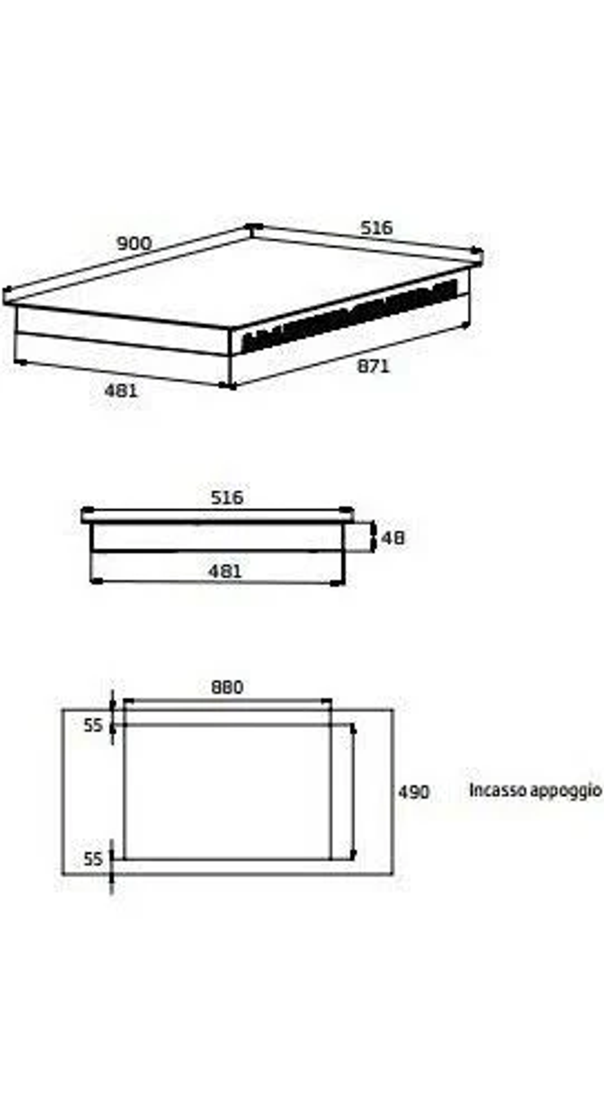Diagramma con dimensioni per un telaio letto rettangolare. Varie misure e linee in nero.