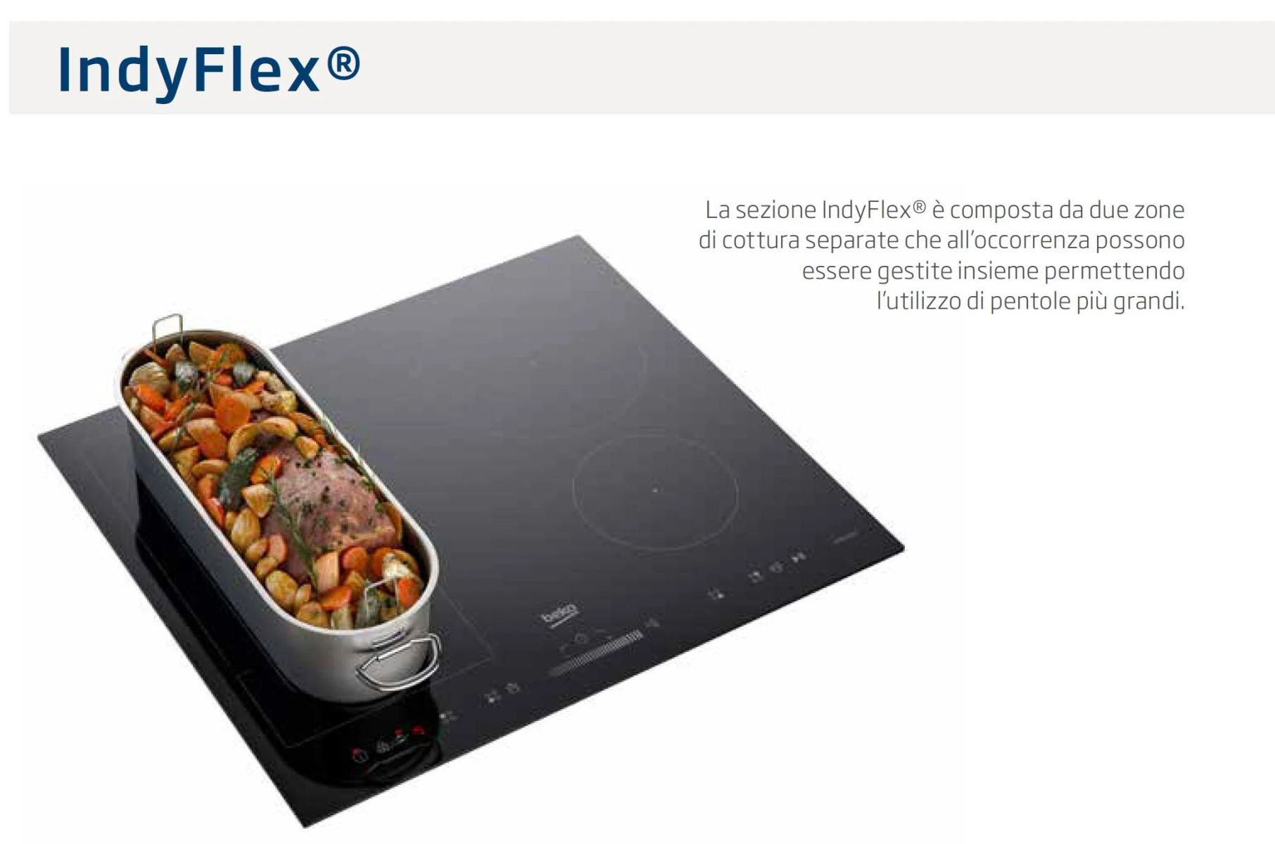 Piano cottura a induzione nero con pentola di cibo, testo in alto a sinistra, due zone cottura in uso.