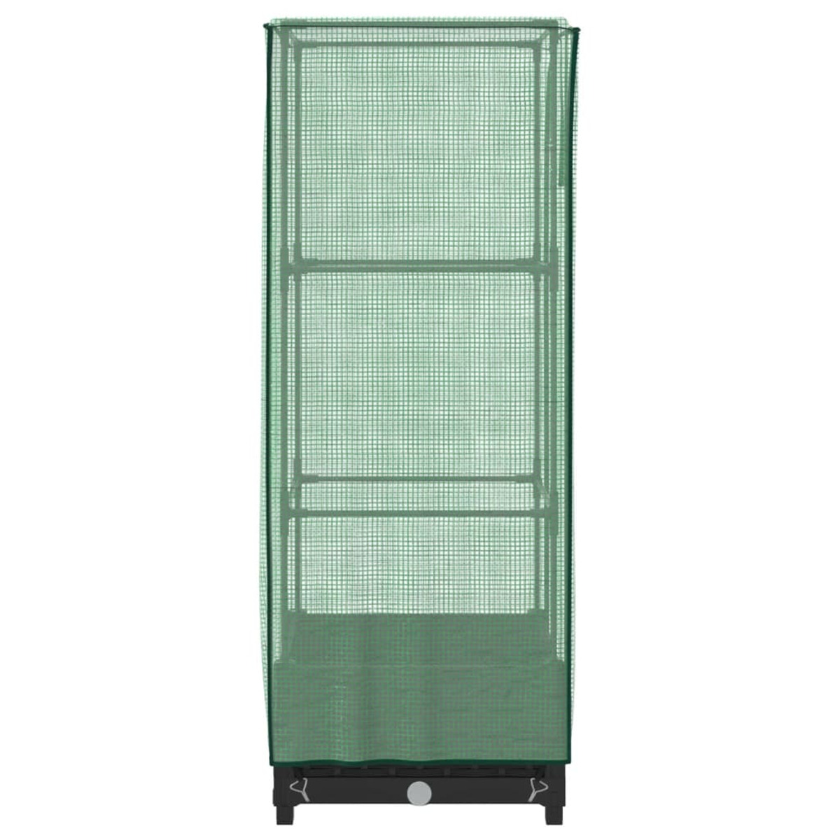 Una serra alta, verde, ricoperta di rete. È vuota, con base nera e travi di supporto nere.