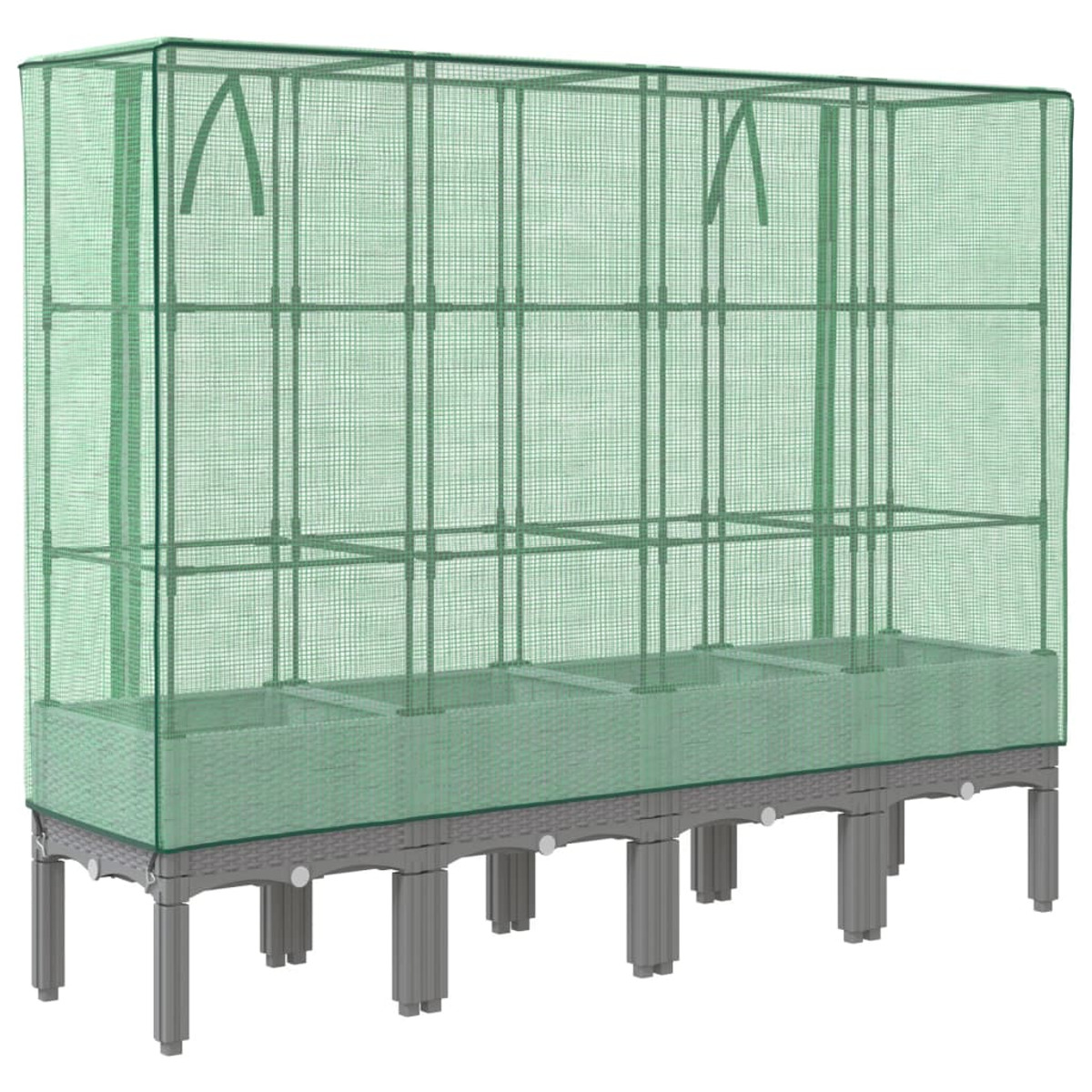 Una grande serra verde con base grigia e gambe grigie, ricoperta da rete verde.