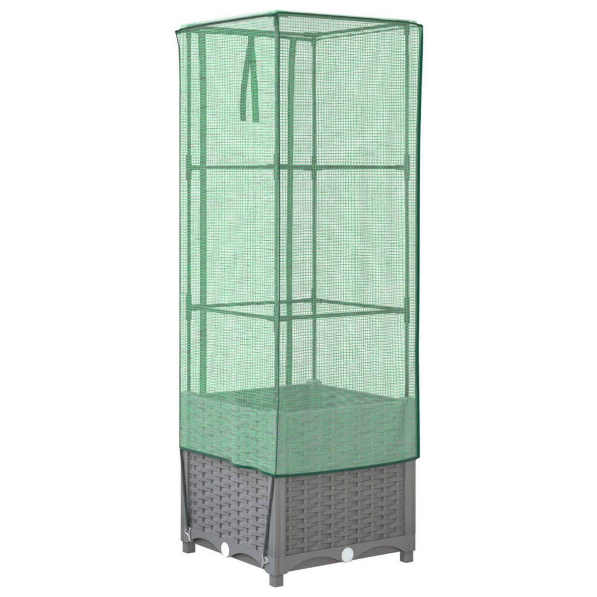 Una gabbia verde per la crescita delle piante. Ha una base grigia e si trova su uno sfondo bianco.