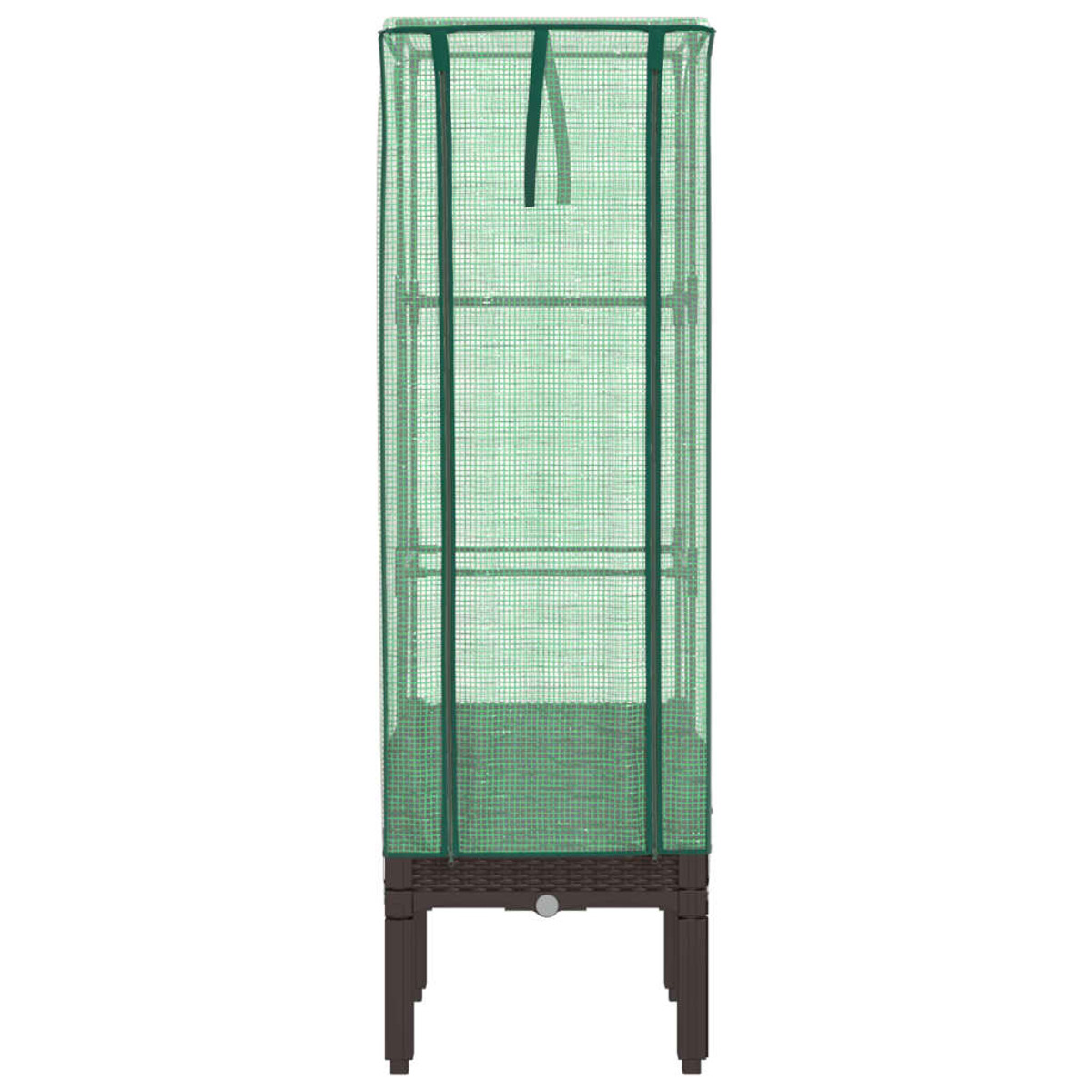 Una serra alta e verde con ripiani su una base marrone, su sfondo bianco.