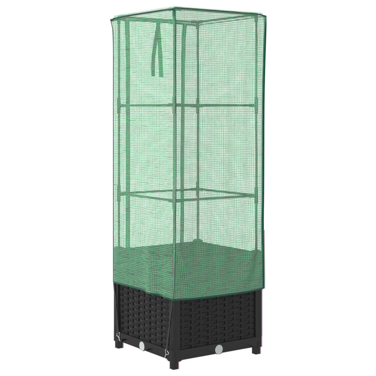Una serra in rete verde con base nera, su sfondo bianco.