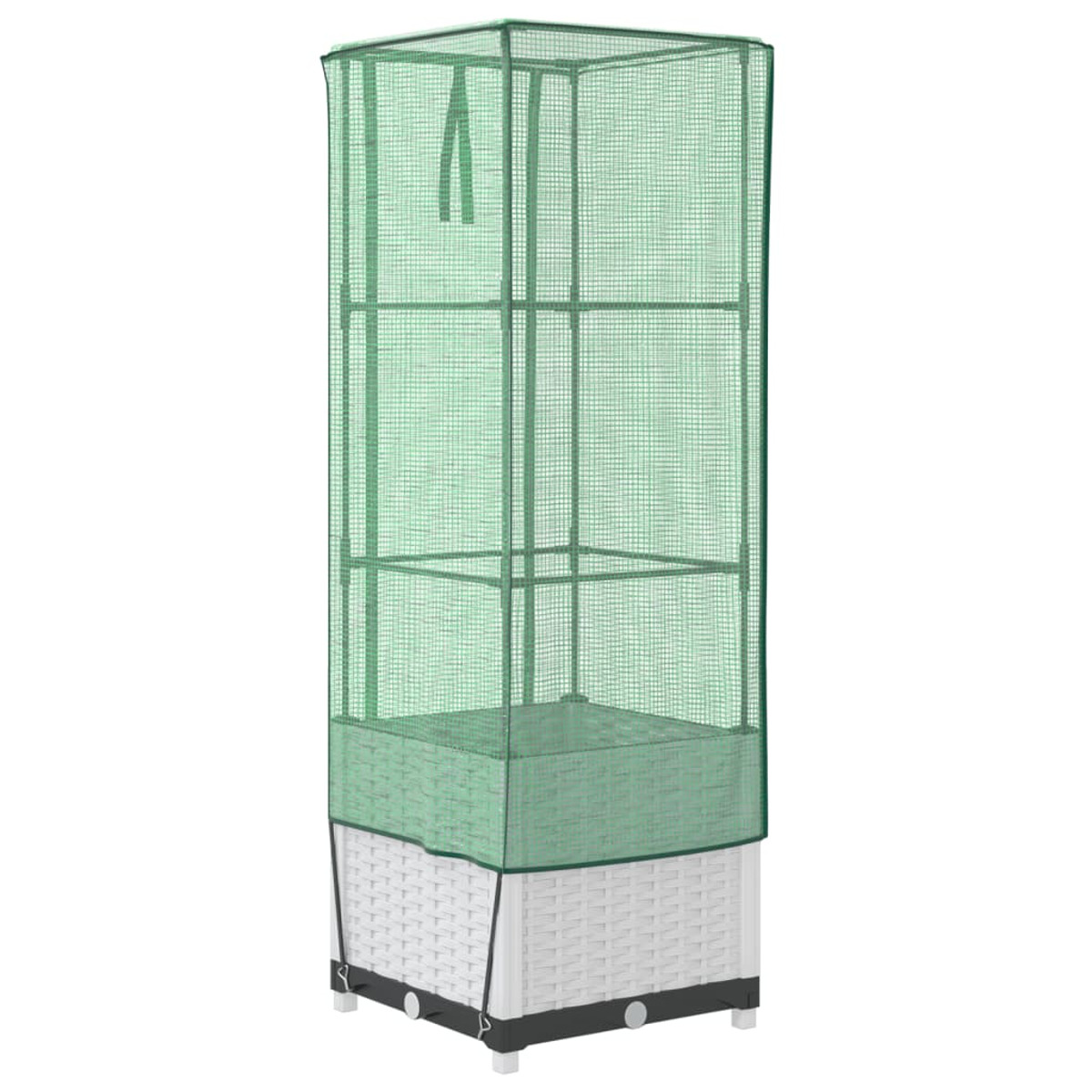 Una serra alta per piante verde con base bianca, su sfondo bianco.