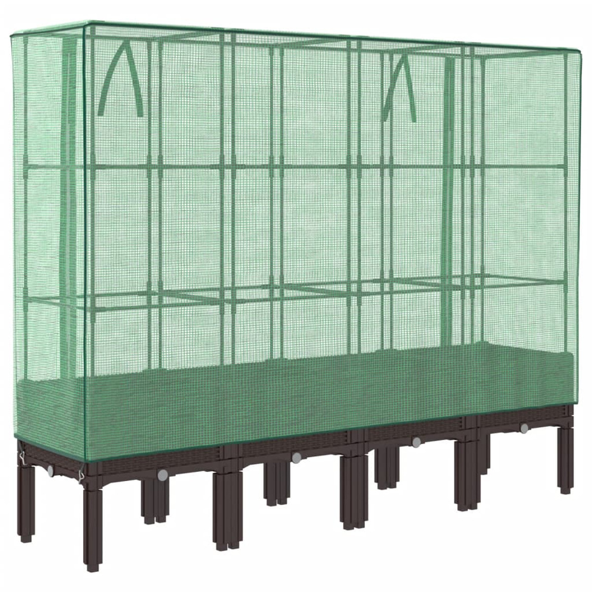 Serra verde con gambe marroni. Ha tre livelli ed è coperta da una rete verde.
