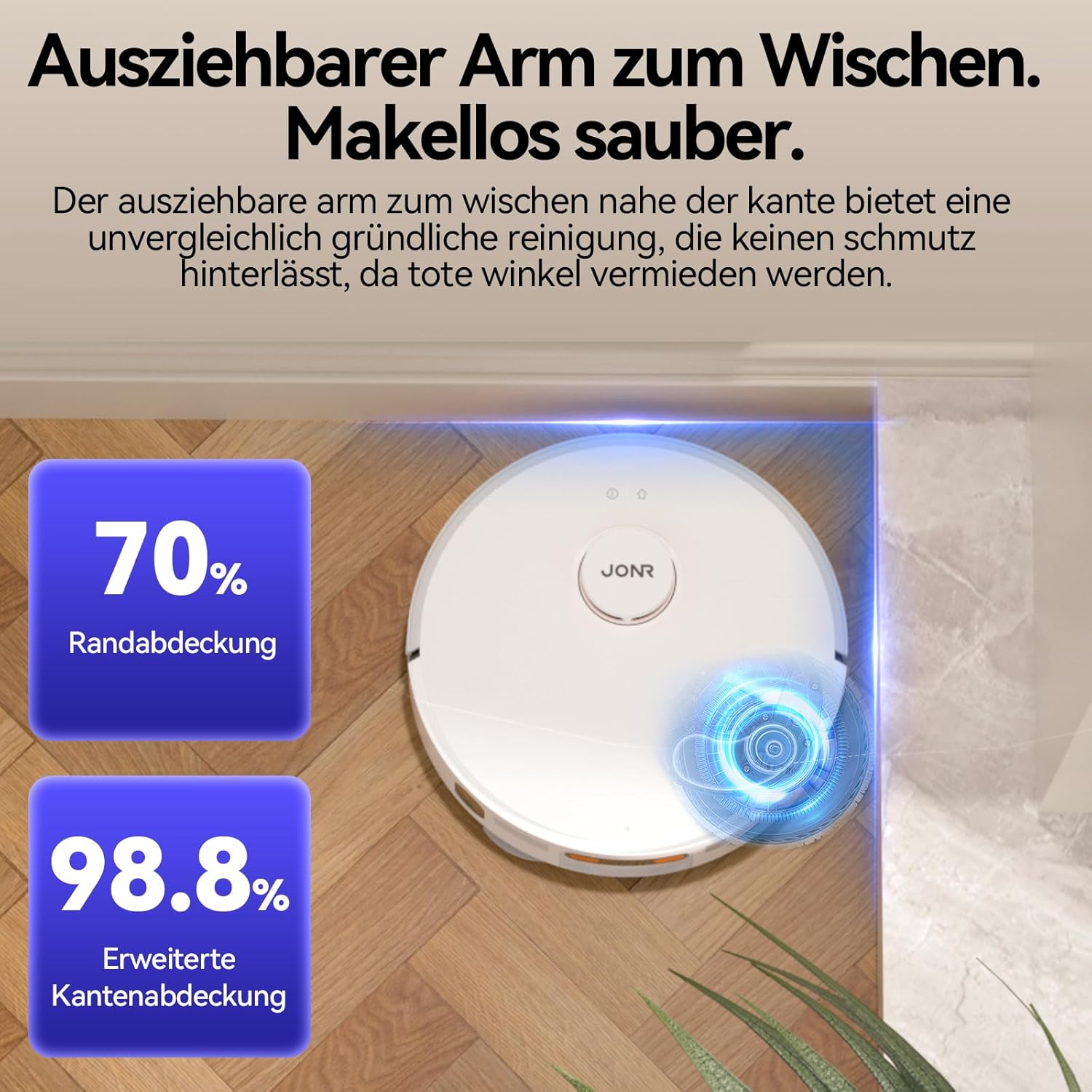 Roboter-Staubsauger mit Details zur Reinigungsabdeckung und Kantenabdeckung.