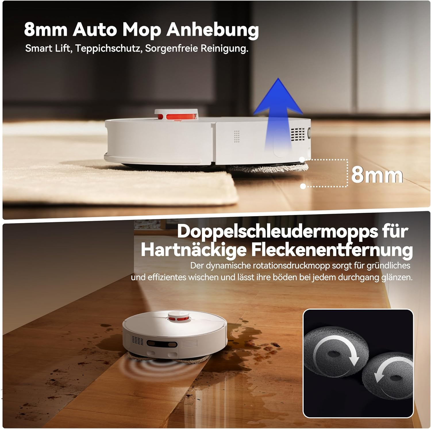 Roboter-Staubsauger reinigt einen Holzboden. Das Gerät ist weiß. Der Hintergrund ist ein Zuhause.