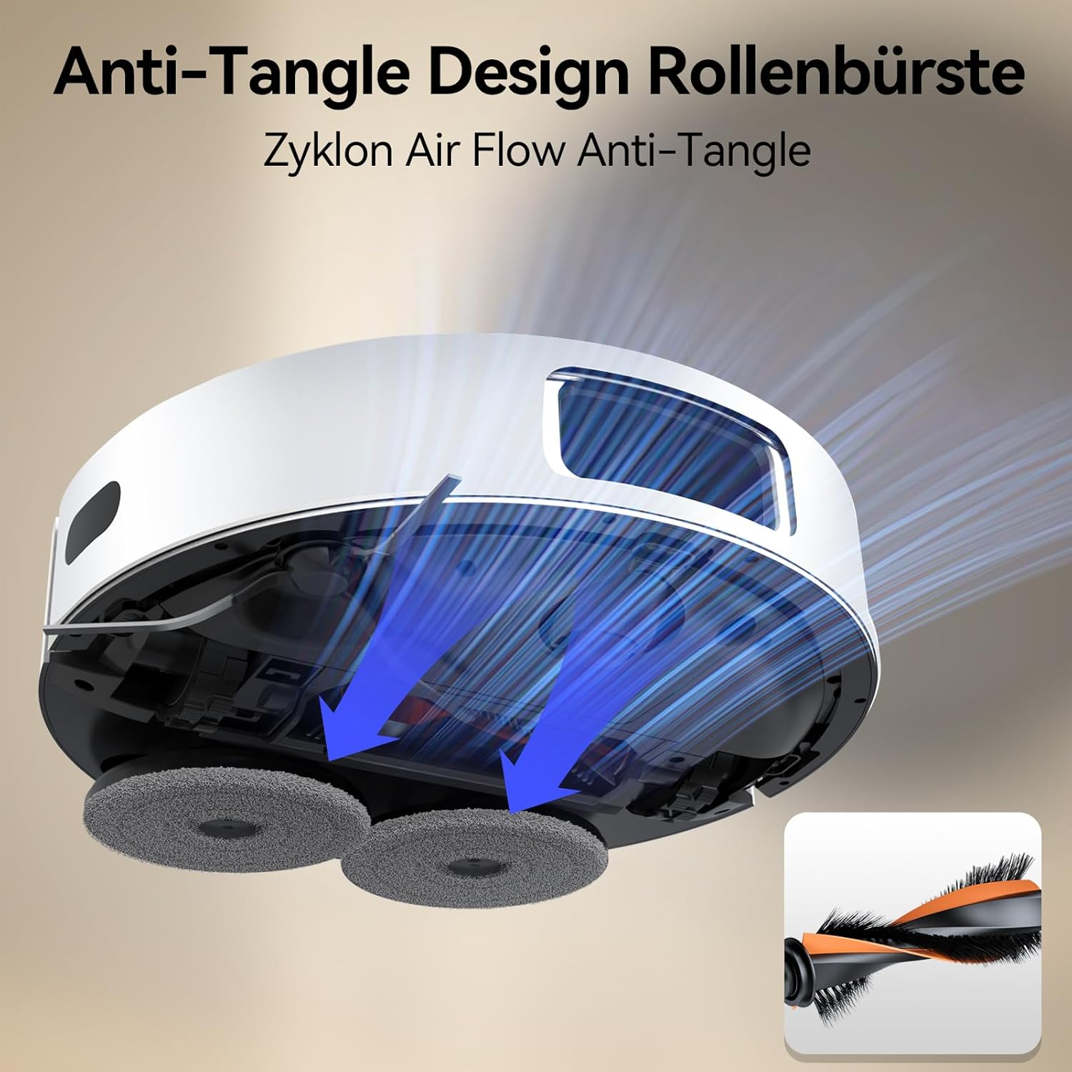 Ein weißer Roboter-Staubsauger mit zwei rotierenden Bürsten und Luftstrompfeilen.