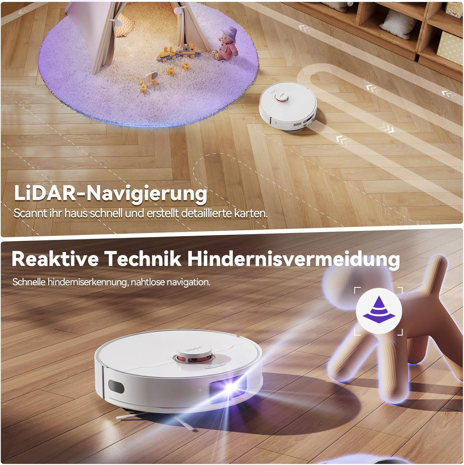 Zwei Roboter-Staubsauger reinigen auf verschiedenen Oberflächen. Text über LiDAR-Navigation und Hindernisvermeidung.