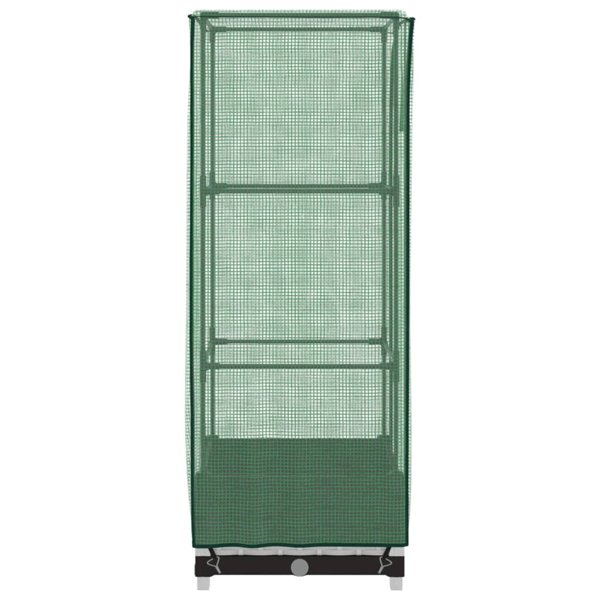 Serra con copertura a rete verde, vista frontale.