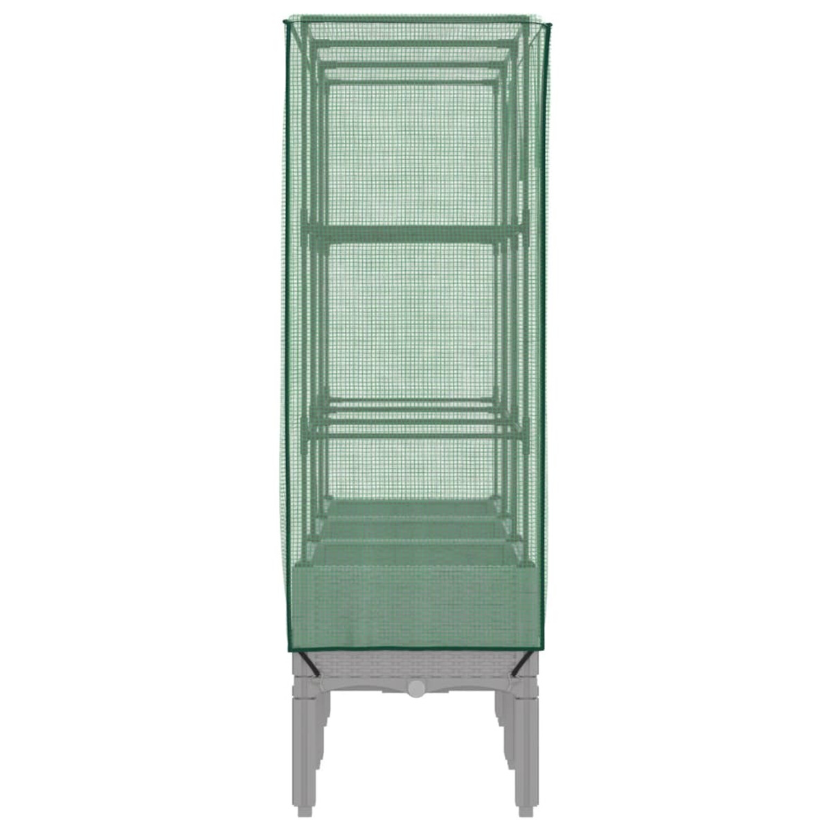 Serra con copertura a rete verde, vista frontale.
