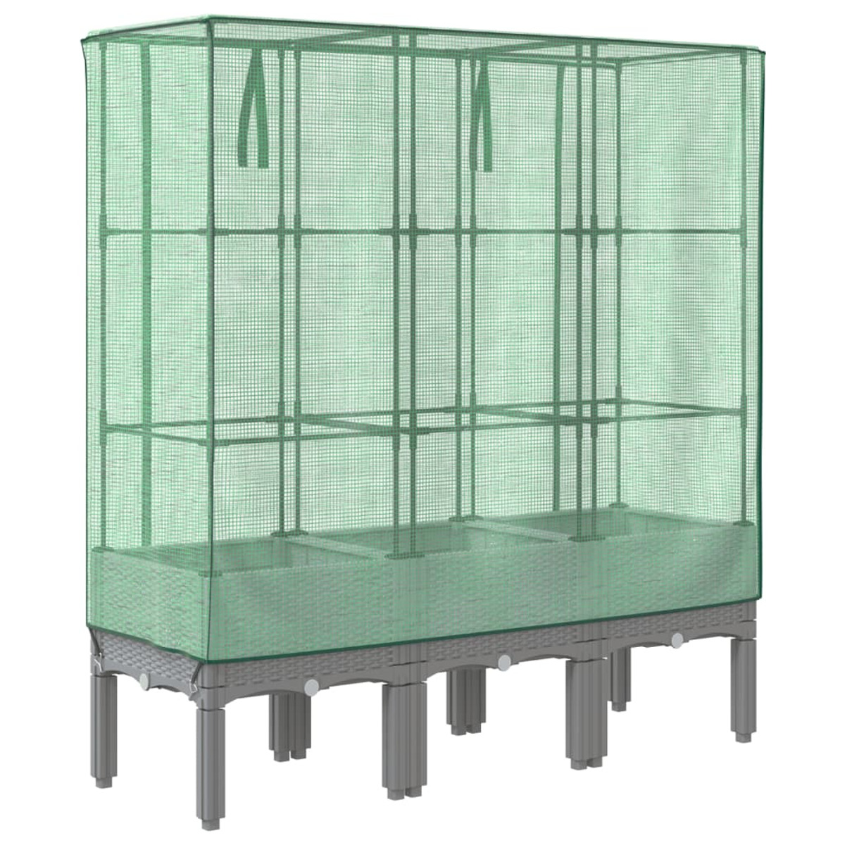 Una grande serra per piante da esterno con rete verde, su base grigia.