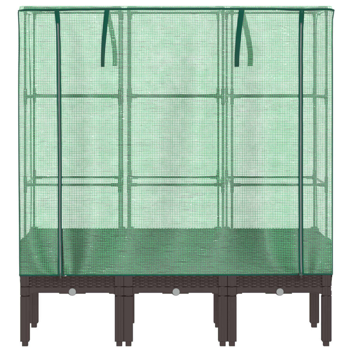 Una serra con una copertura a rete verde. Si trova su una base marrone con gambe.