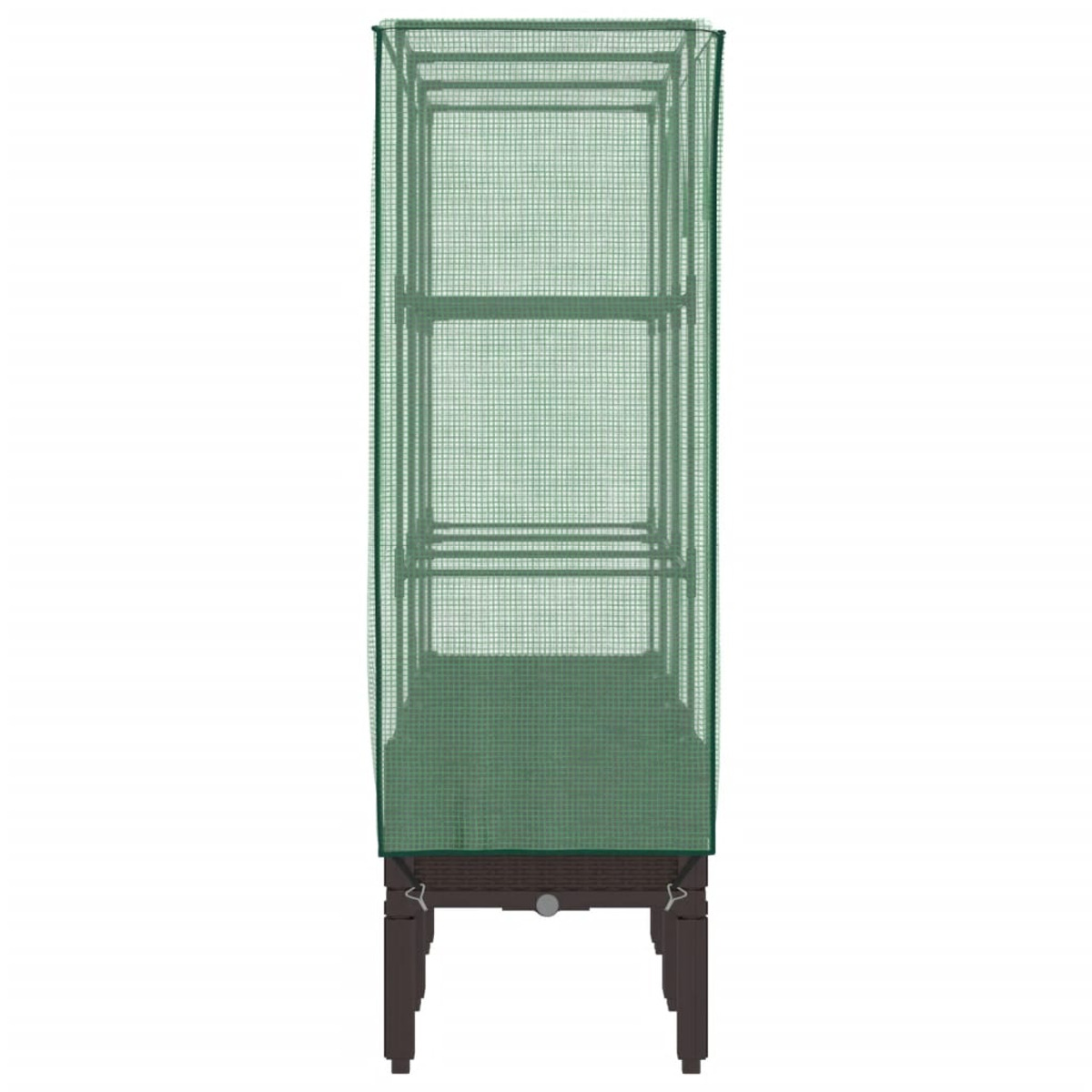 Una serra alta e verde con esterno in rete. Ha dei ripiani all'interno. È su uno sfondo bianco.