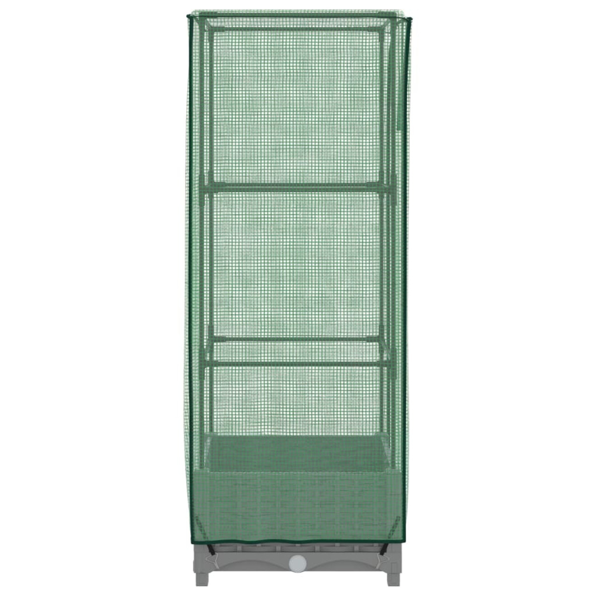 Una serra verde con una copertura a rete, dimensioni fornite.