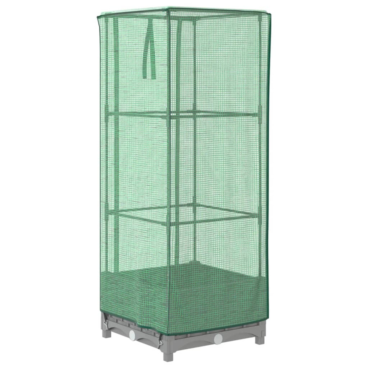 Una serra verde con copertura a rete, su una base grigia.
