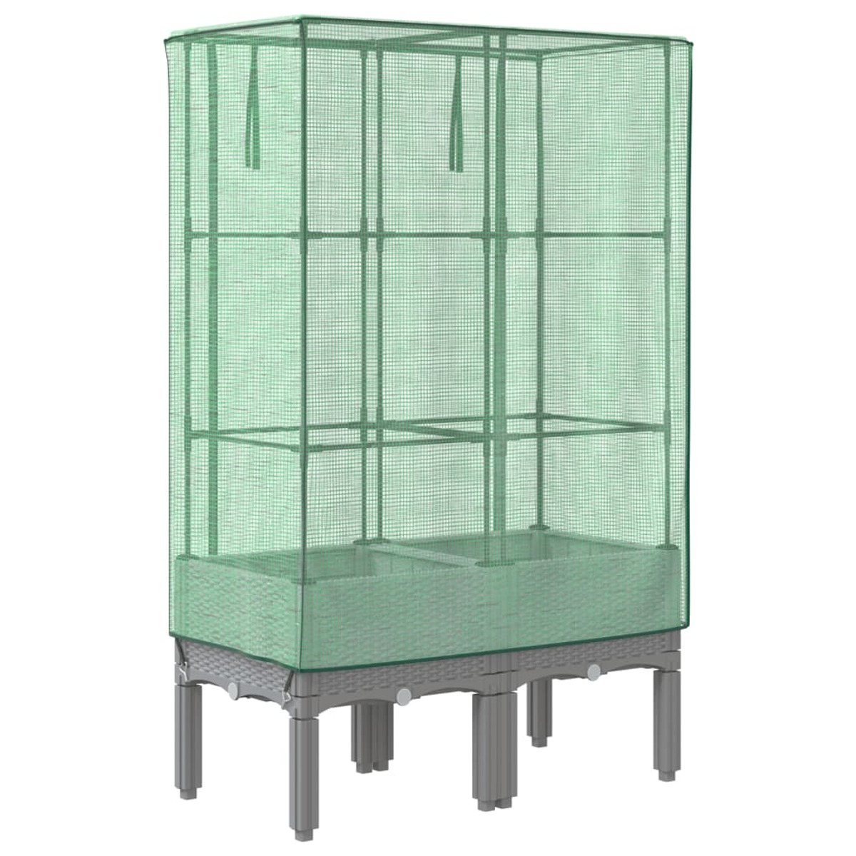 Una serra con copertura a rete verde, telaio marrone e base verde scuro.