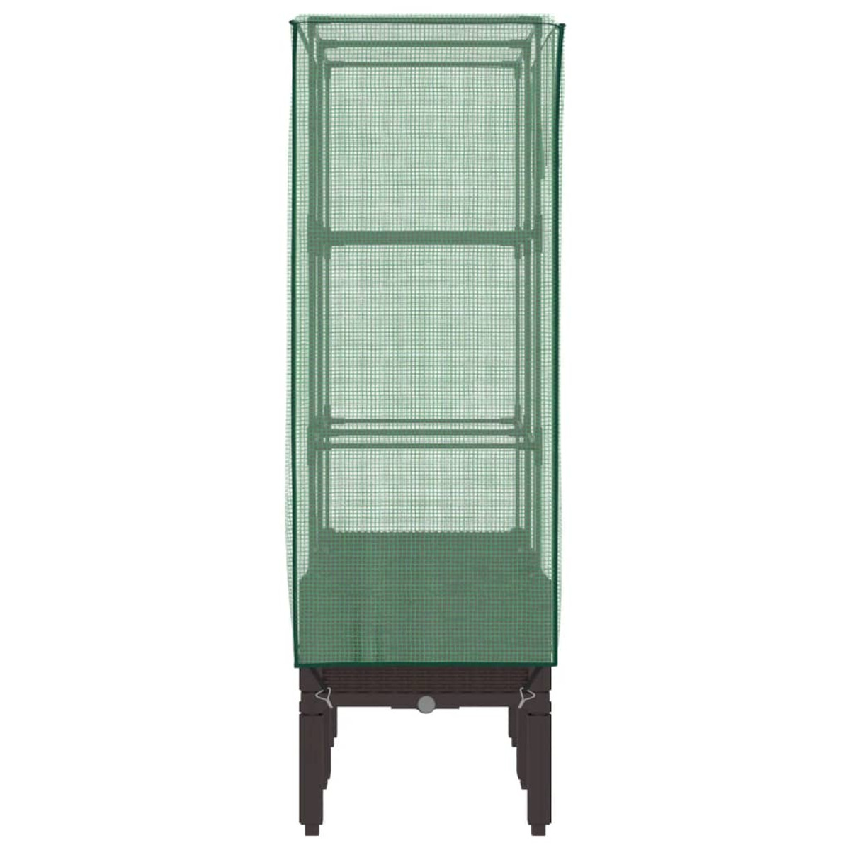 Serra con ripiani. La rete verde copre la struttura. Base marrone.