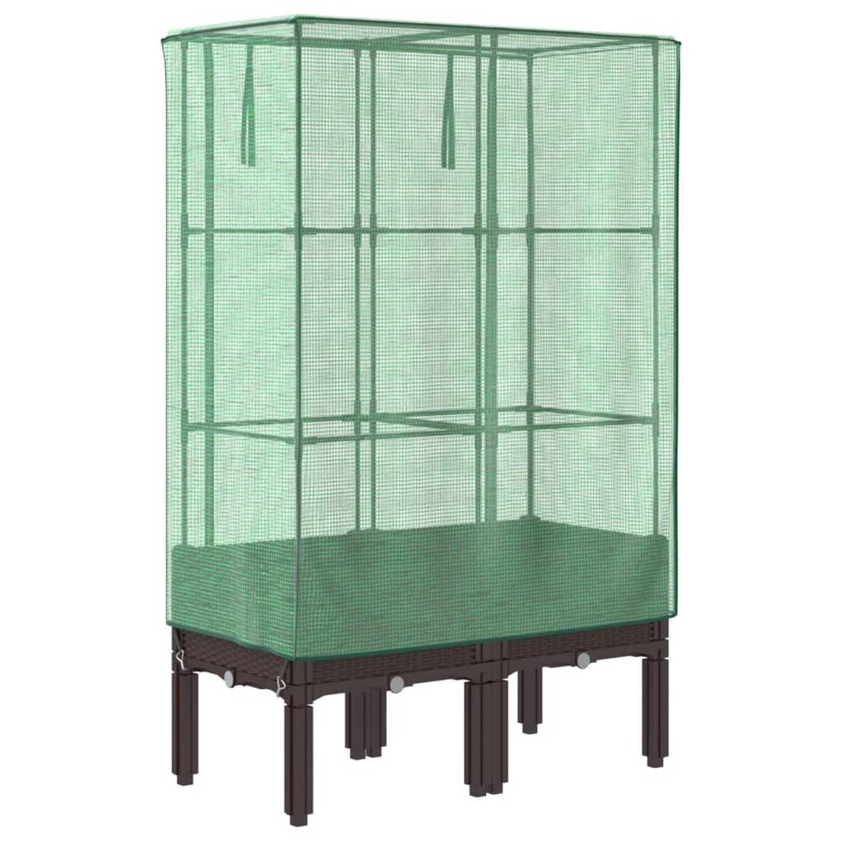 Serra con base marrone scuro, rete verde e gambe marroni su sfondo bianco.