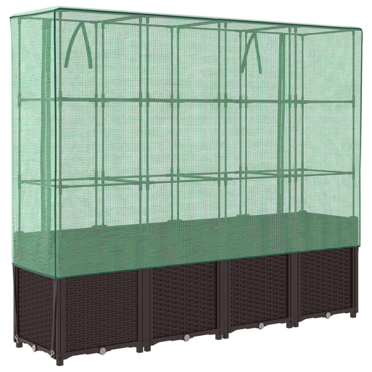Serra a rete verde con base marrone. Ha una struttura grande con diverse sezioni.