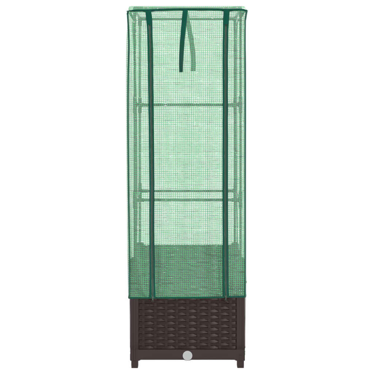 Serra verde con un ripiano e aiuola, su una base marrone.