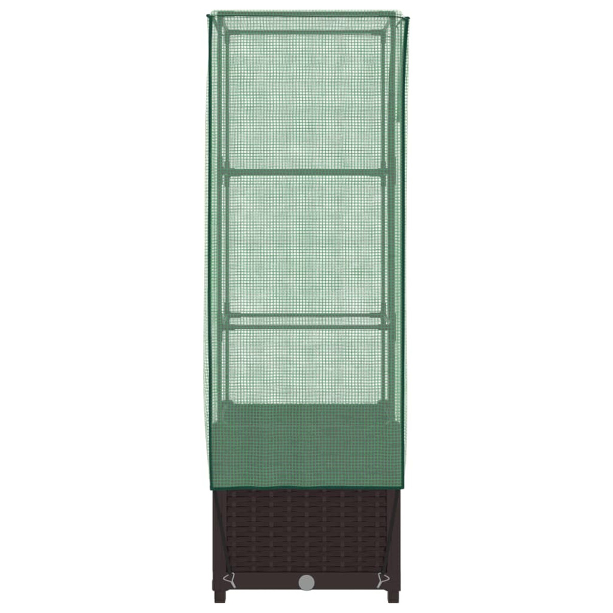Serra verde, alta e stretta, con copertura a rete verde e base marrone scuro.