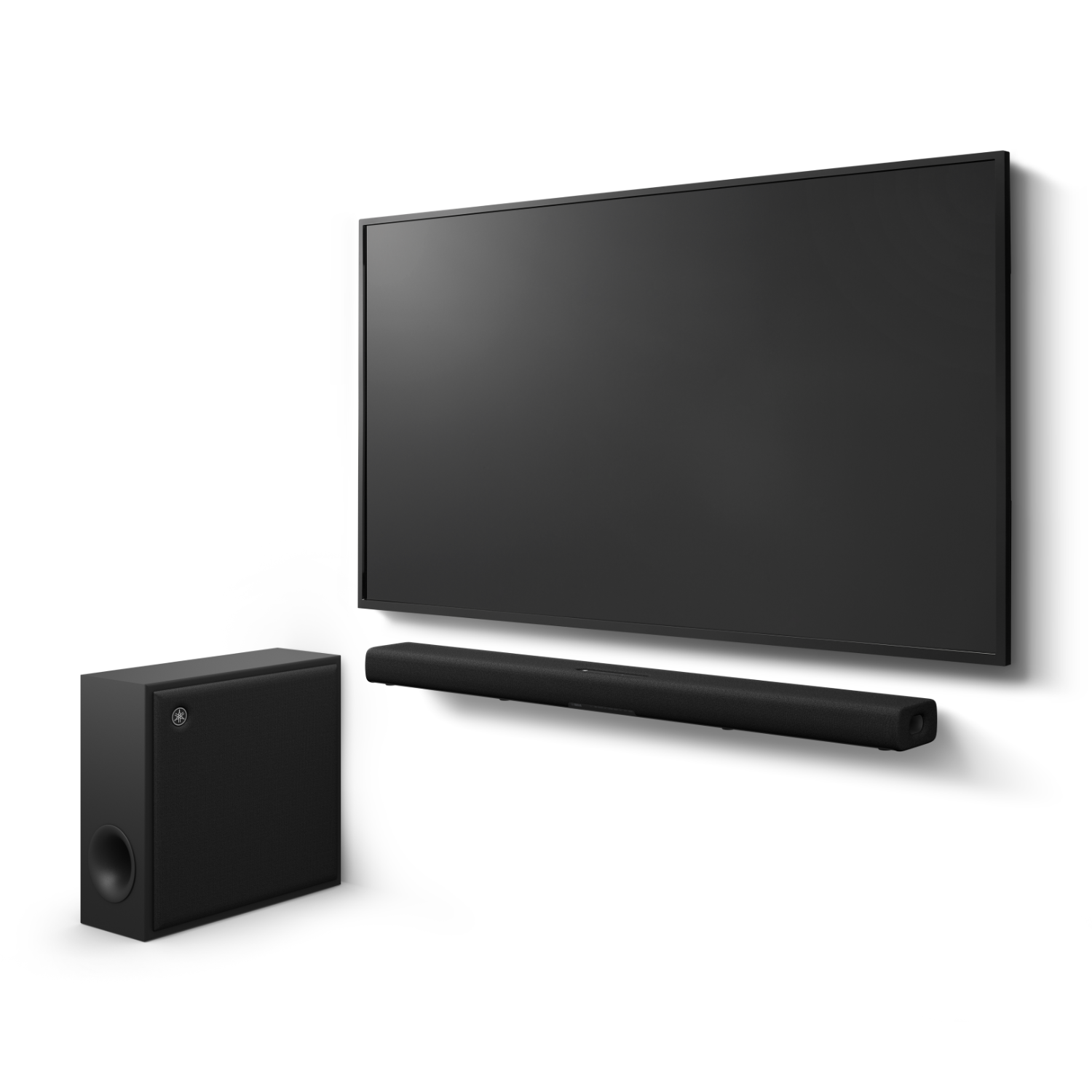Schwarze Soundbar und Subwoofer mit einem Fernseher an der Wand. Weißer Wandhintergrund.