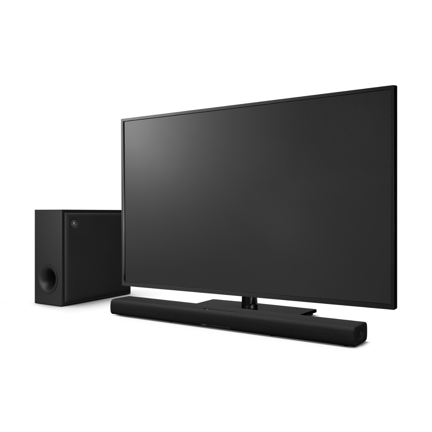 Ein schwarzer Fernseher mit Soundbar und Subwoofer, alles auf weißem Hintergrund.