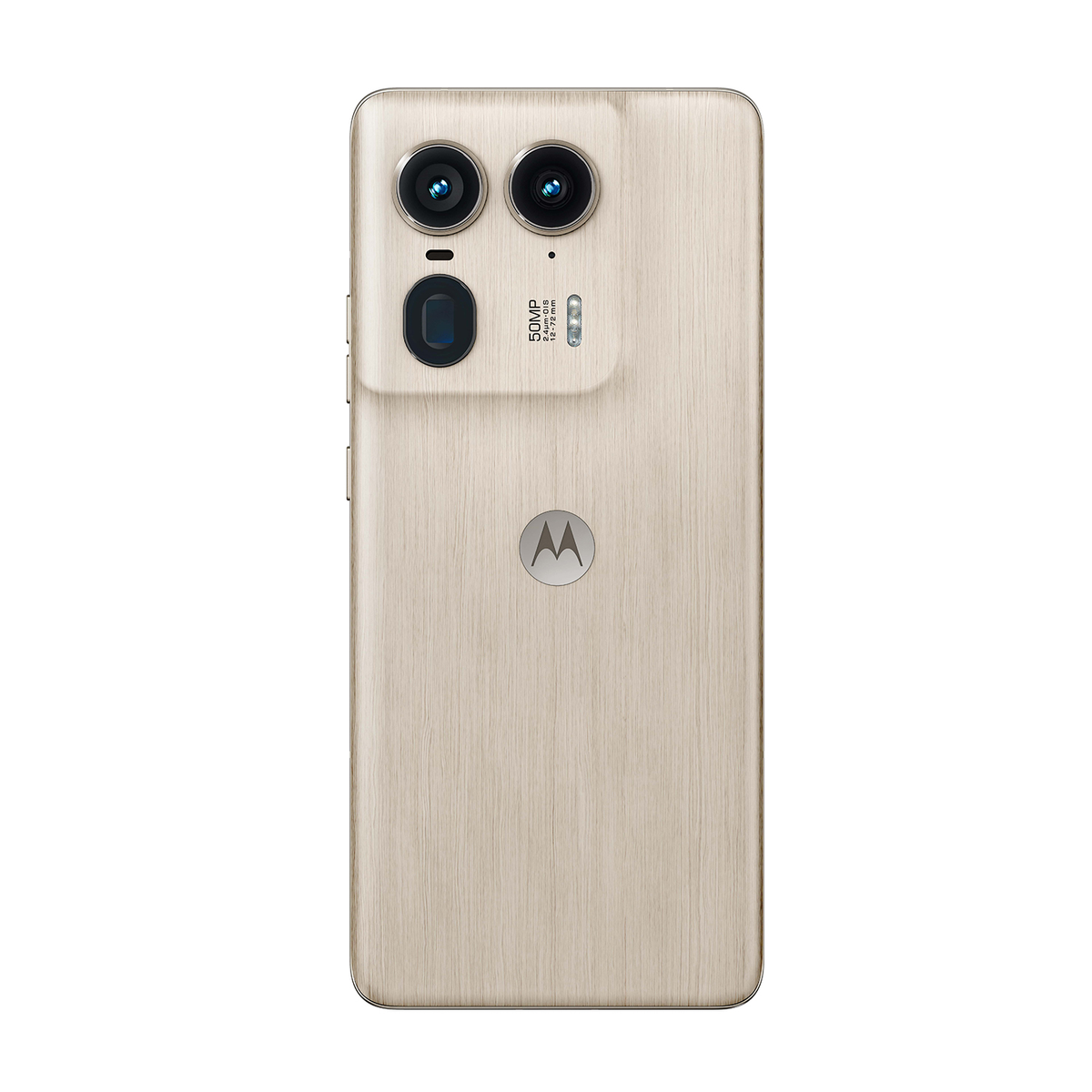 Tył beżowego smartfona z obiektywami aparatu i logo Motorola.
