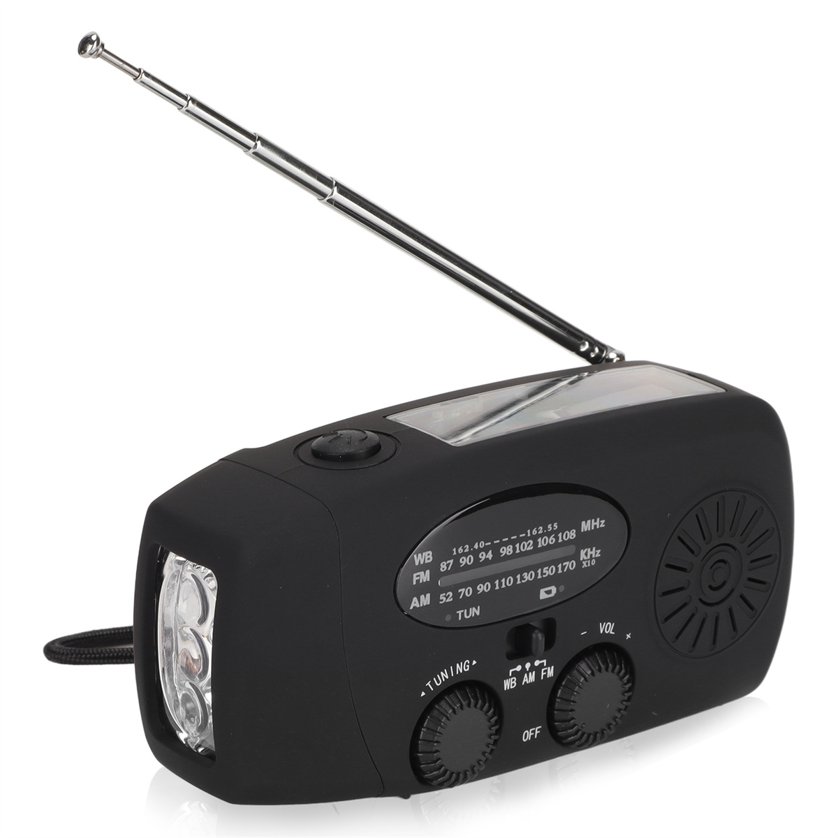 Schwarzes Radio mit Antenne und Bedienelementen, einschließlich Taschenlampe.