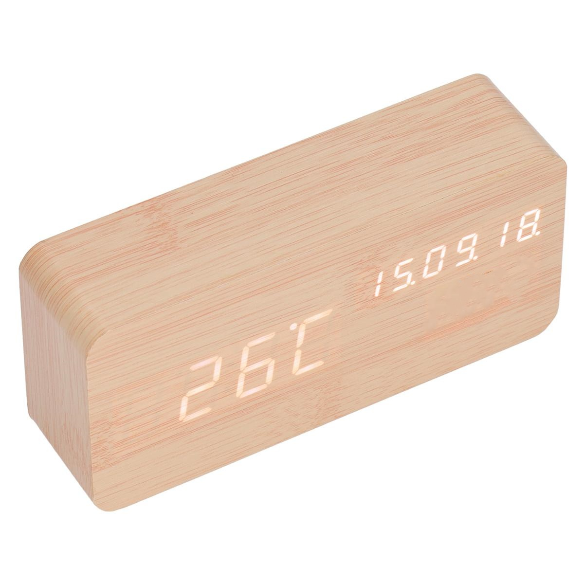 Eine Digitaluhr in Holzoptik zeigt 26°C und 15.09.18 an. Sie ist rechteckig mit abgerundeten Ecken.