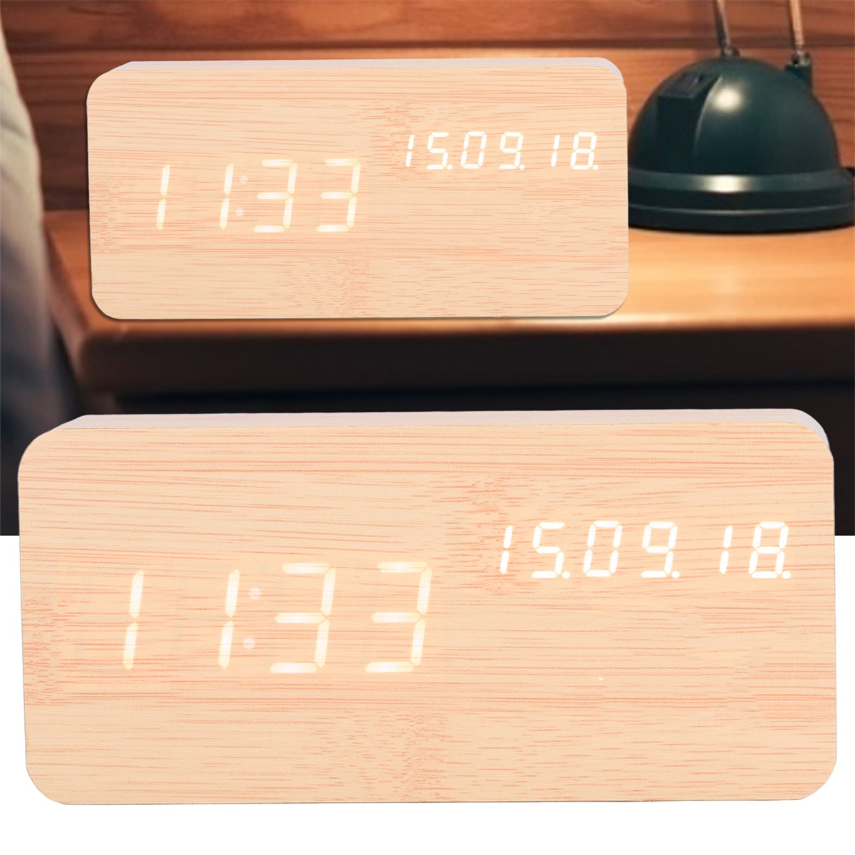 Zwei Holzuhren, die 11:33 und das Datum 15.09.18 anzeigen.
