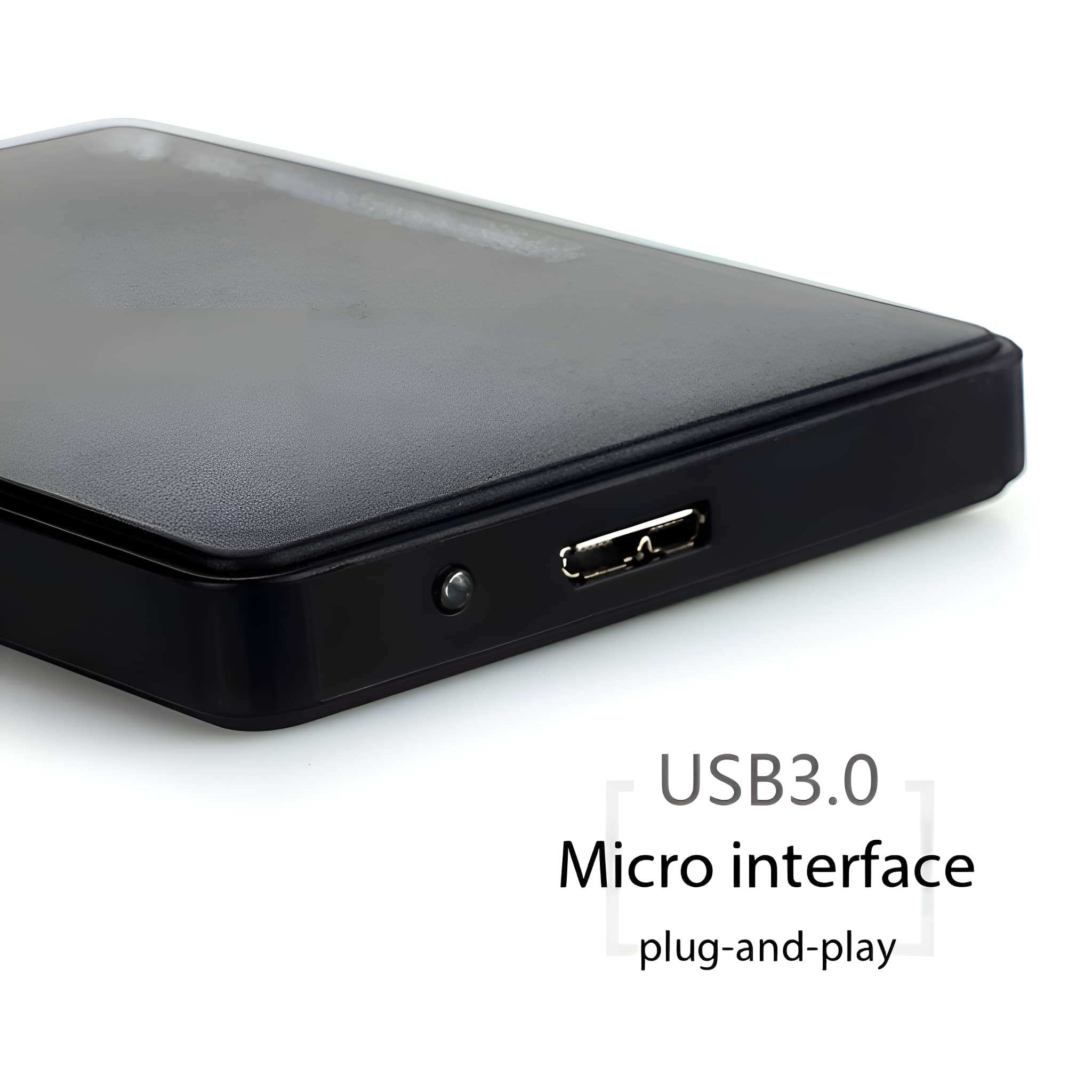 Schwarze externe Festplatte, USB 3.0 Micro-Schnittstelle, Plug-and-Play.