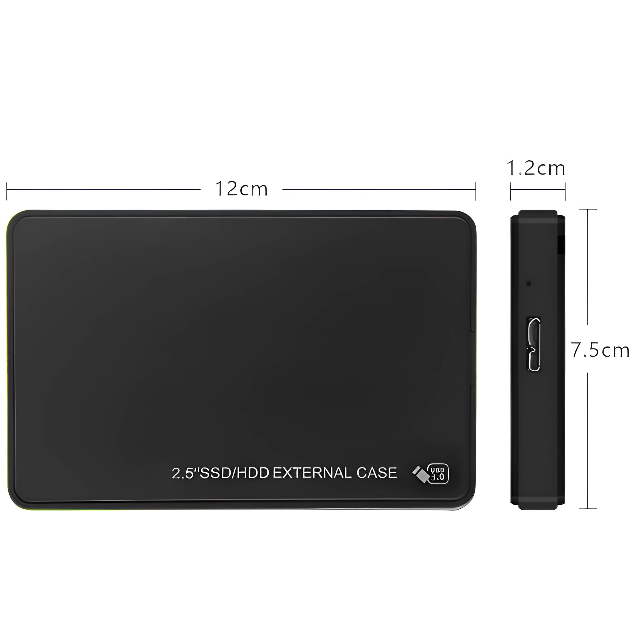 Schwarze externe Festplatte mit Abmessungen. Das Laufwerk ist rechteckig und hat einen USB-Anschluss.