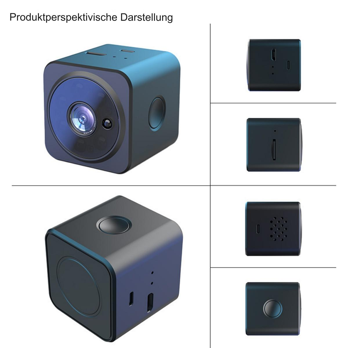 Schwarze Würfelkamera mit Objektiv und verschiedenen Seitenansichten.