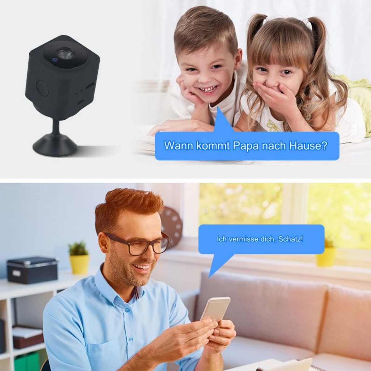 Eine Kamera und zwei Kinder, ein Mann mit Telefon und Sprechblasen.