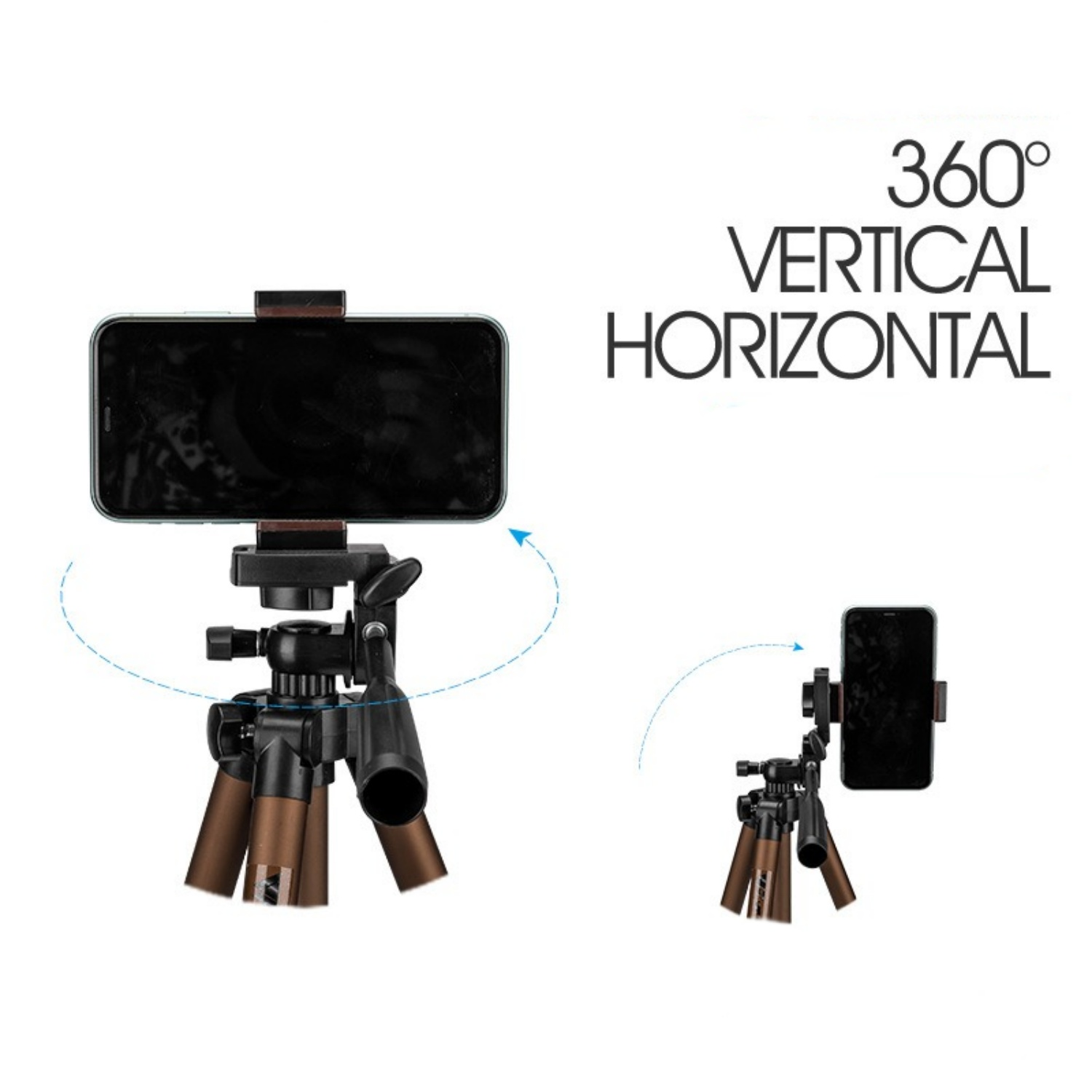 Ein Telefon auf einem Stativ, mit Text, der 360° und Richtungen für vertikal und horizontal zeigt.