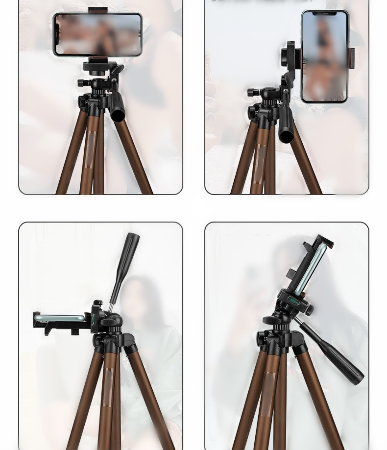 Ein Stativ mit Telefonhalterung, in verschiedenen Winkeln und Positionen für die Fotografie gezeigt.
