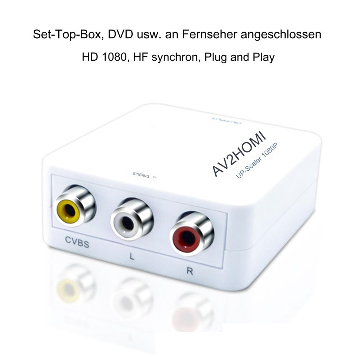Weiße AV2HDMI Up-Scaler-Box mit gelben, weißen und roten Eingangsanschlüssen.