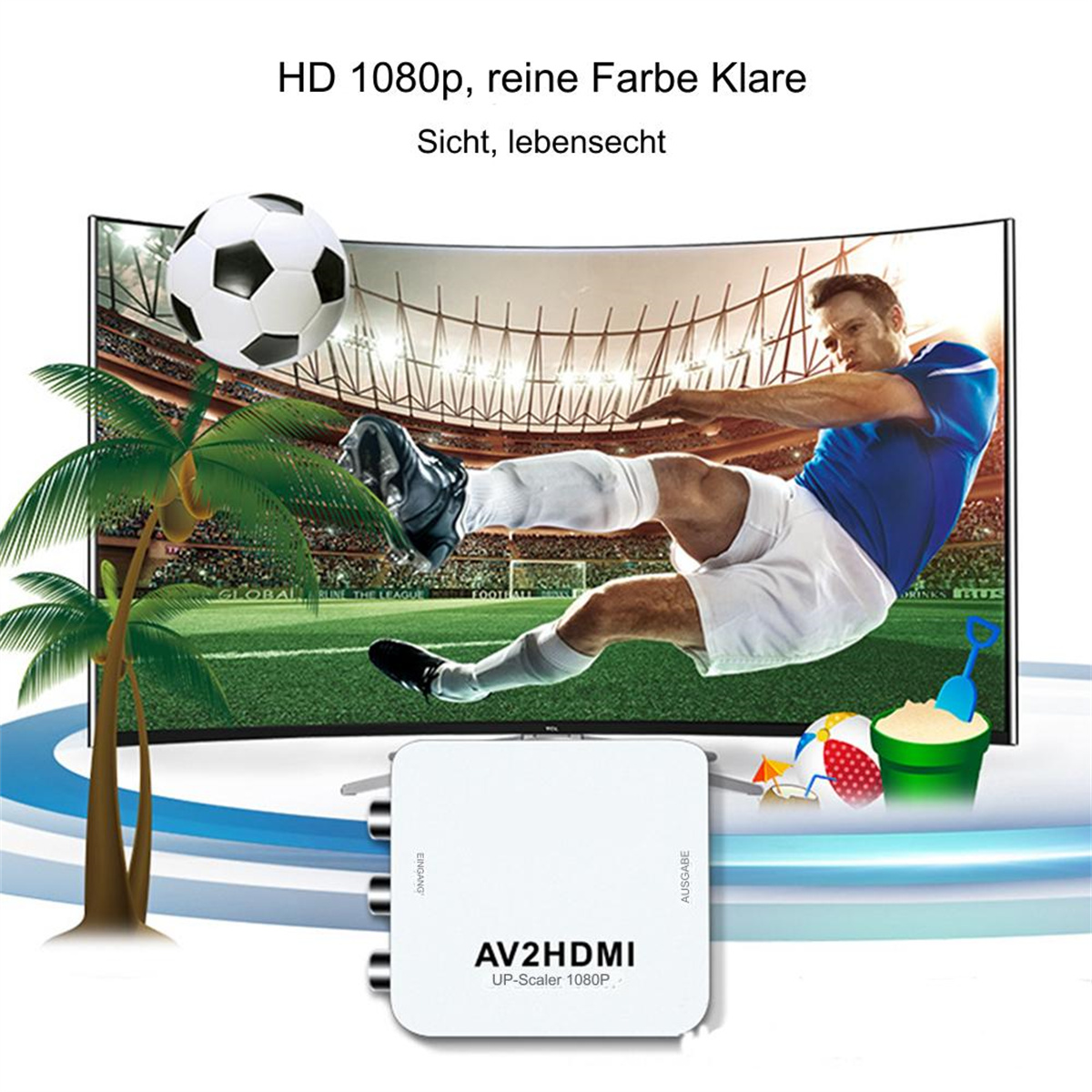 Bild zeigt ein Fußballspiel auf einem Bildschirm, mit AV2HDMI-Box und Strandutensilien.