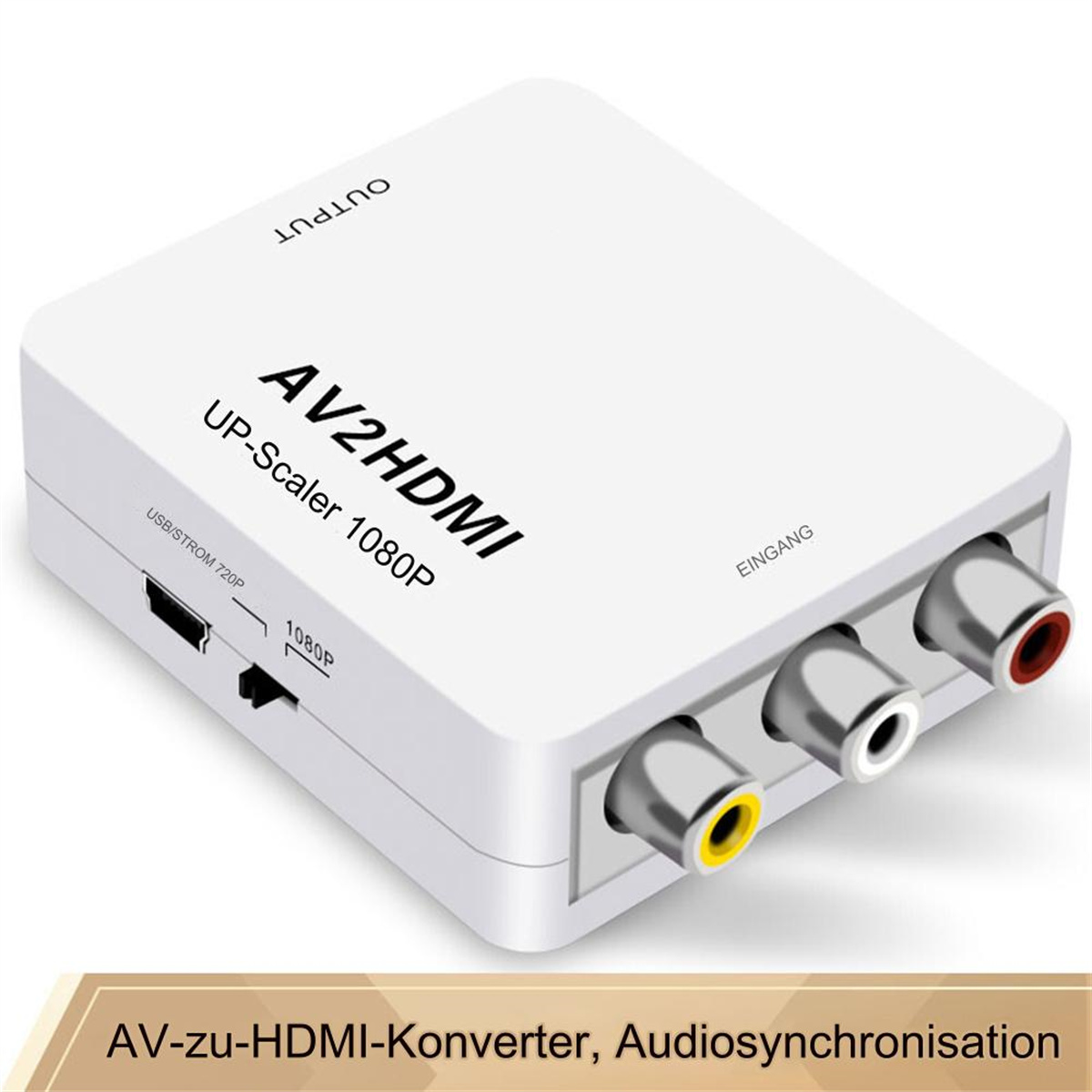 Weißer AV2HDMI-Konverter mit Anschlüssen. Der Text 'AV-zu-HDMI-Konverter, Audiosynchronisation'.