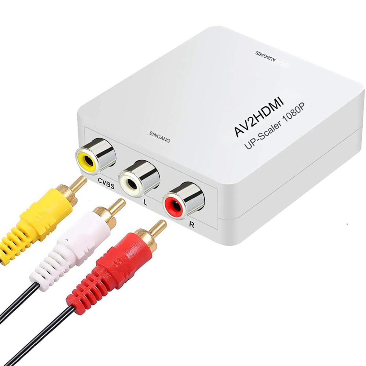 Weißer AV2HDMI-Konverter mit drei Eingangsanschlüssen und drei angeschlossenen Kabeln.