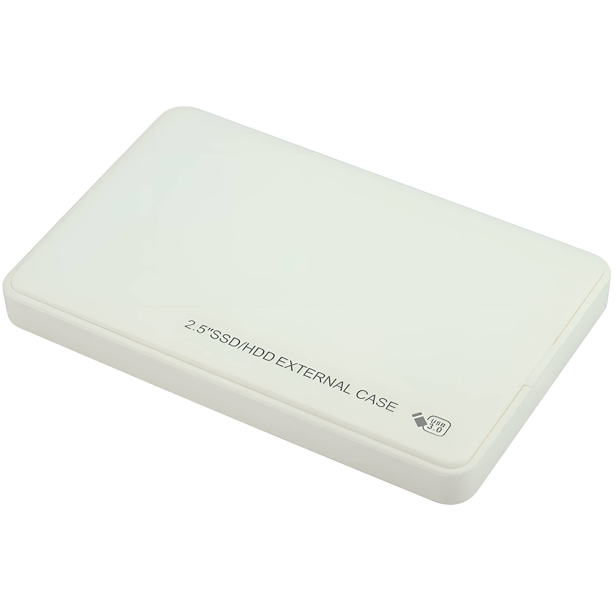 Weißes externes 2,5" SSD/HDD-Gehäuse. Der Text lautet "2,5" SSD/HDD EXTERNAL CASE".