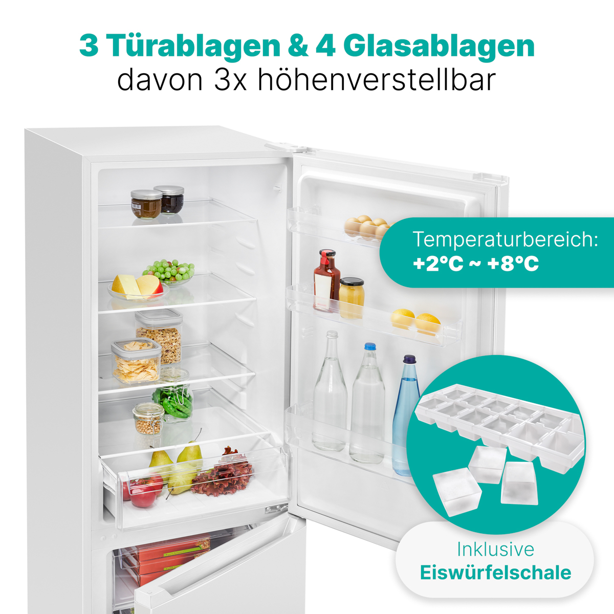 Kühlschrank mit offener Tür, die Lebensmittel und Eisbereiter zeigt.