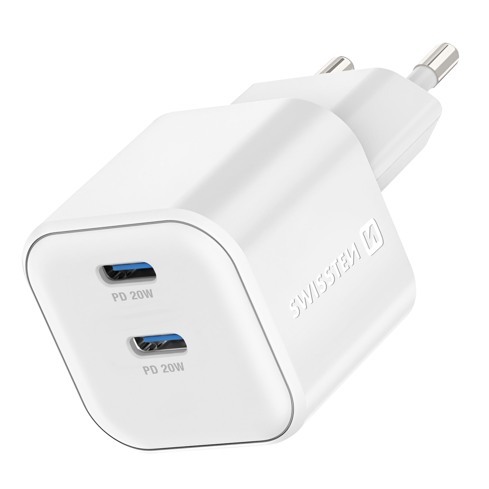 Caricabatterie Swissim bianco con due porte PD 20W blu. Scatto angolato.