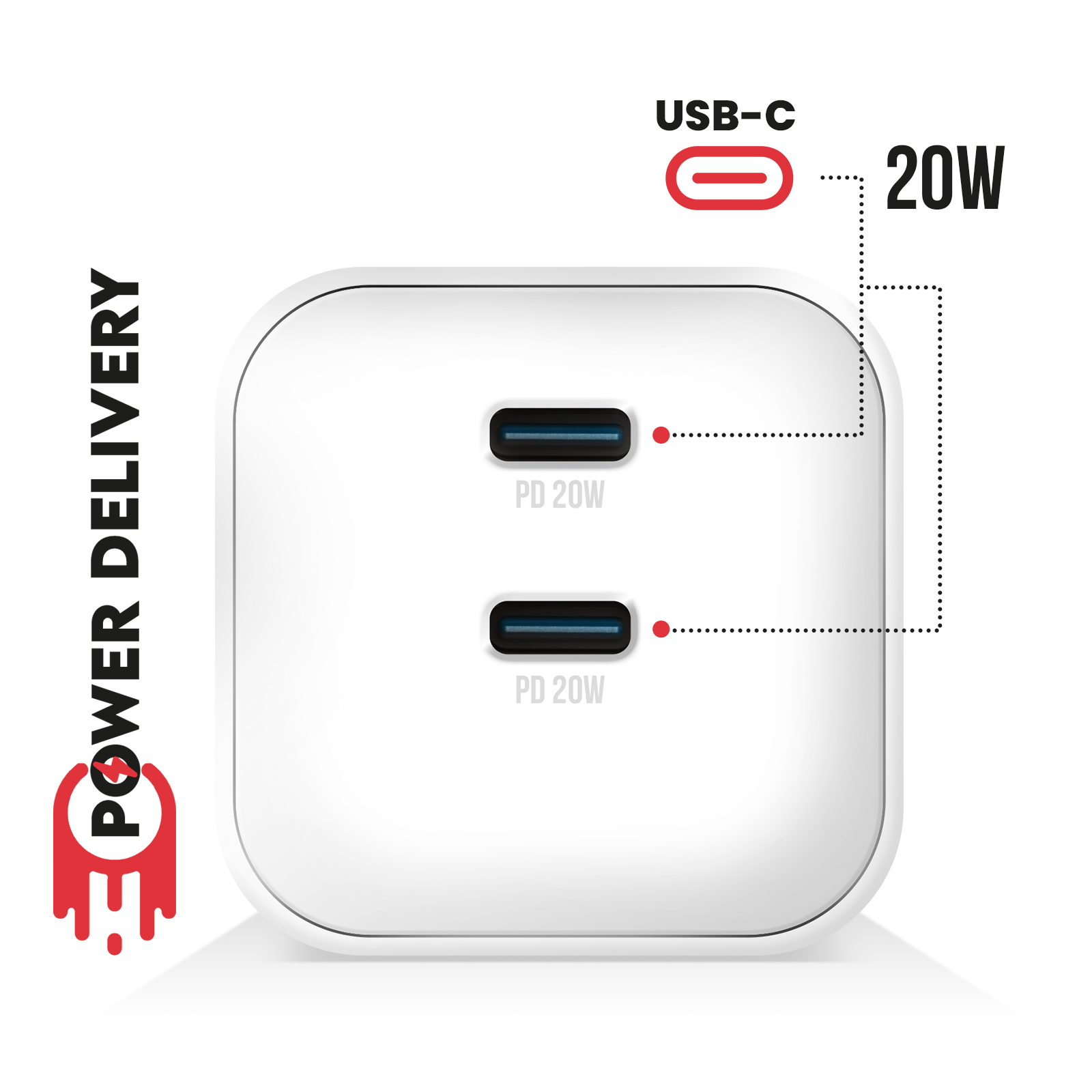 Adattatore di alimentazione bianco con due porte USB-C, 20W Power Delivery.